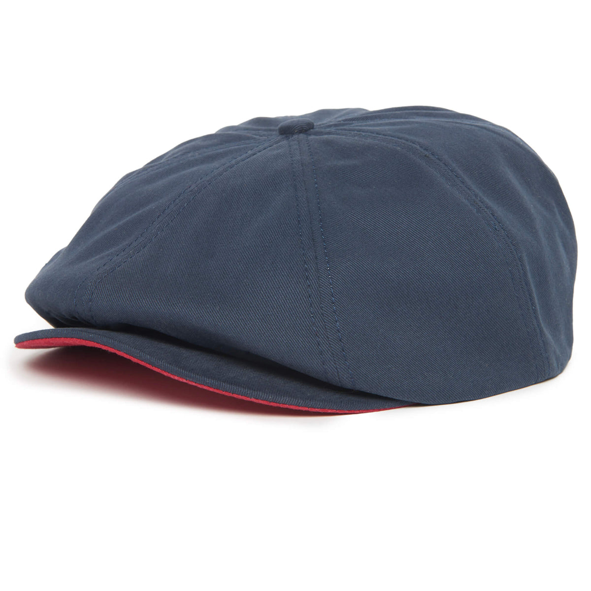 A navy blue Goorin Bros. Mulberry Street flatcap featuring a curved brim and subtle red trim along the edge, displayed against a white background.