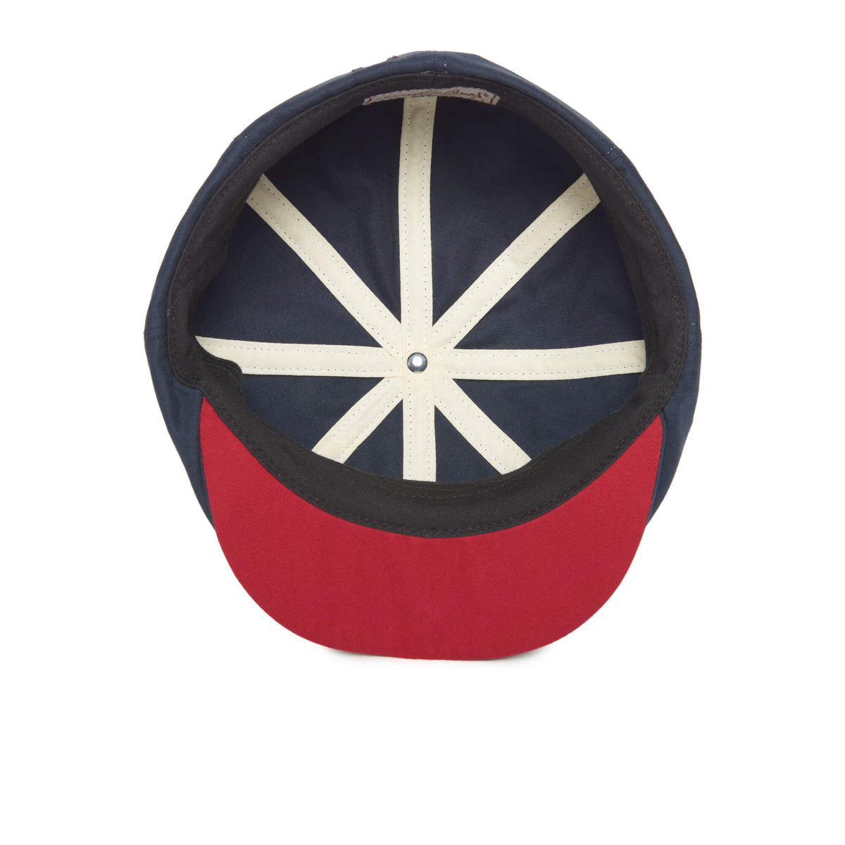 Certainly! Here’s a rewritten sentence using your product data: The Goorin Bros. Mulberry Street baseball cap features a stylish flatcap design, revealing a navy blue interior with white seam strips and a bold red brim—blending classic sporty appeal with modern flair.