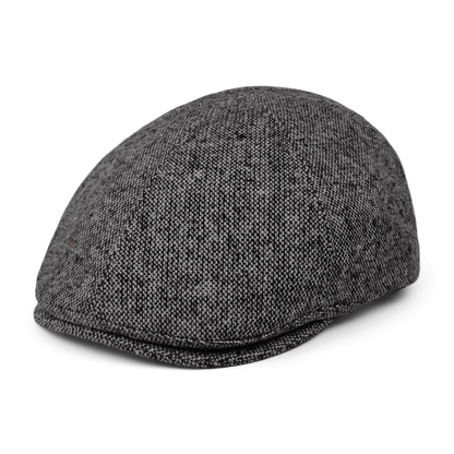 The Newlands flat cap by Goorin Bros. is a handmade US cap in grey fleck, featuring a rounded top and short brim, shown on a white background.