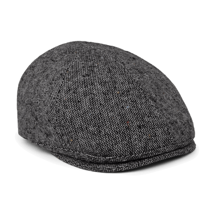 The Goorin Bros. Newlands flat cap, handmade in the USA, features a grey flecked texture and rounded top, shown on a white background.