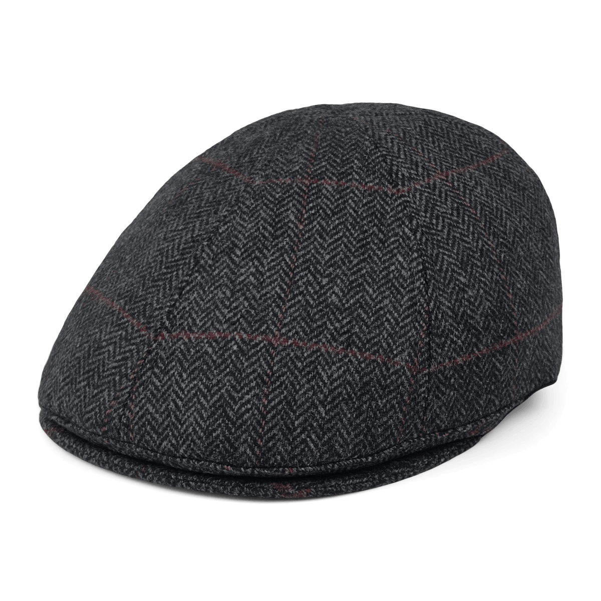 The Harry Bones by Goorin Bros. is a dark gray wool flatcap featuring a subtle herringbone pattern and faint red lines.