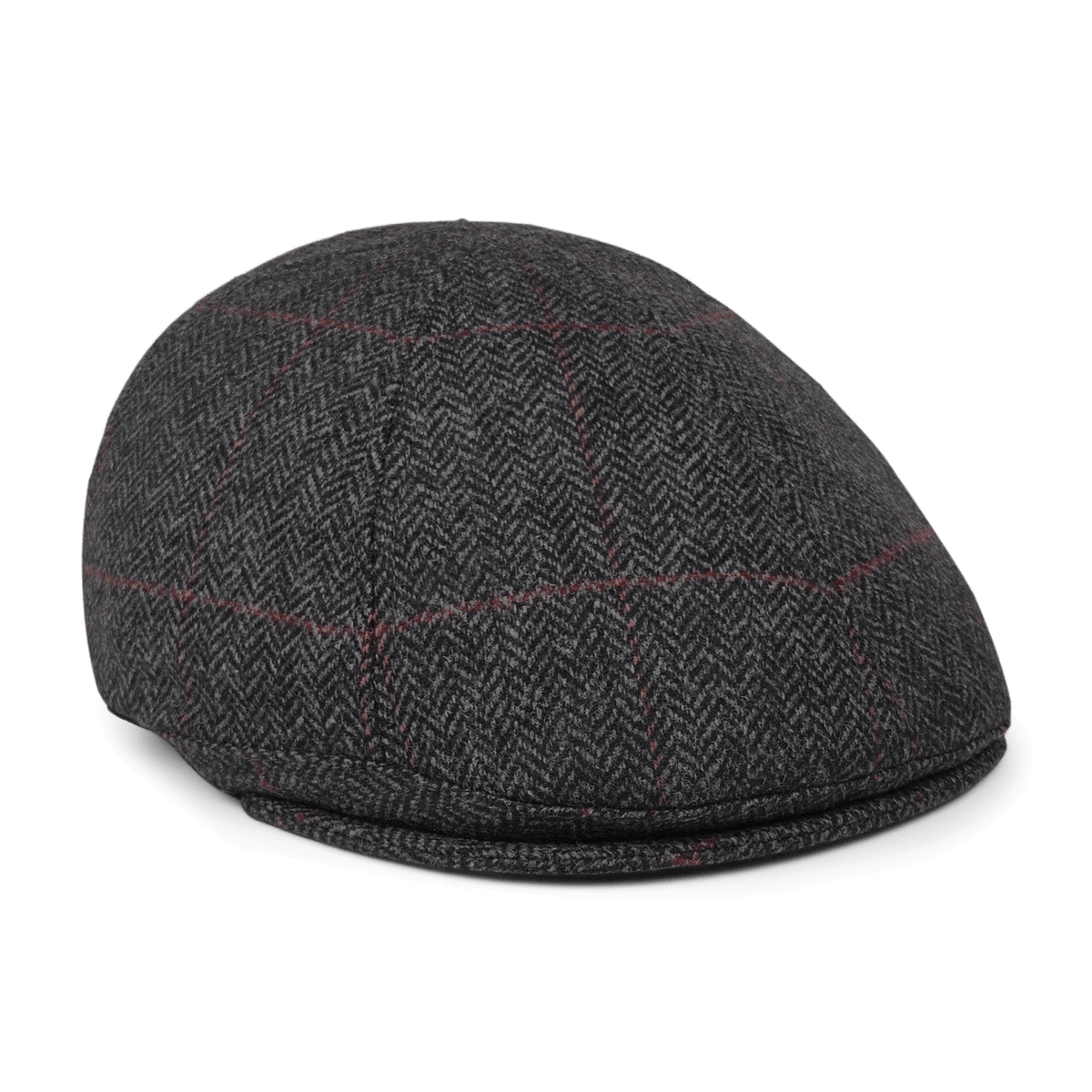The Goorin Bros. Harry Bones flatcap features gray wool with a subtle herringbone pattern and thin red plaid lines, shown on a plain white background.