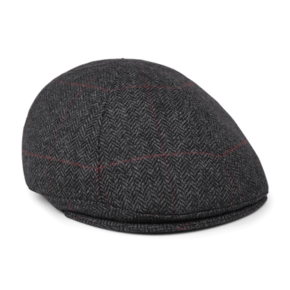 The Goorin Bros. Harry Bones flatcap features gray wool with a subtle herringbone pattern and thin red plaid lines, shown on a plain white background.