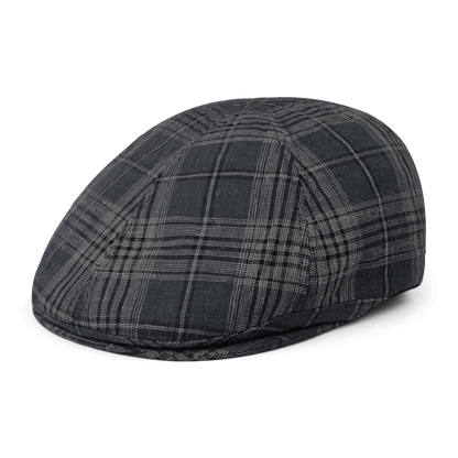 The Glenwood Grove by Goorin Bros. is a dark green plaid flatcap with a curved crown and short, stiff brim, made from 100% cotton and shown on a white background.