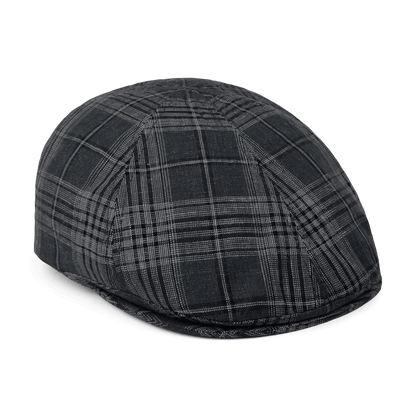 The Goorin Bros. Glenwood Grove is a 100% cotton flatcap in black, gray, and dark green plaid, shown from the side on a white background.