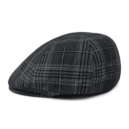 The Goorin Bros. Glenwood Grove flatcap, featuring black, gray, and dark green plaid in 100% cotton, is displayed from the side on a plain white background.