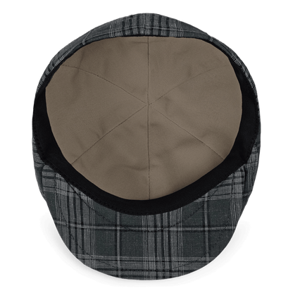 The Glenwood Grove flat cap by Goorin Bros. is shown from above in gray plaid, revealing its interior lining and showcasing its breathable cotton construction, proudly made in the USA.