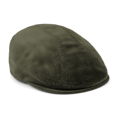 The Maxwell Park flatcap by Goorin Bros., crafted from dark green cotton corduroy with visible stitching and made in the USA, is shown against a plain white background.