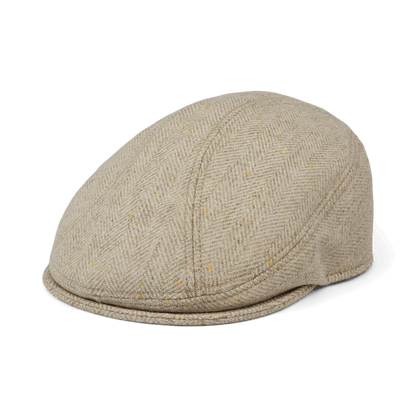 Iris Fields by Goorin Bros.: a cream herringbone wool flatcap with a subtle speckled pattern, handmade in the USA and shown on a plain white background.
