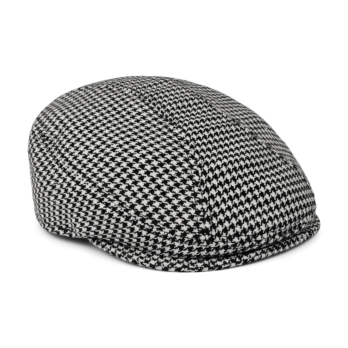 The Norwood flatcap by Goorin Bros., made from 100% wool with a black and white houndstooth pattern, is displayed against a white background.