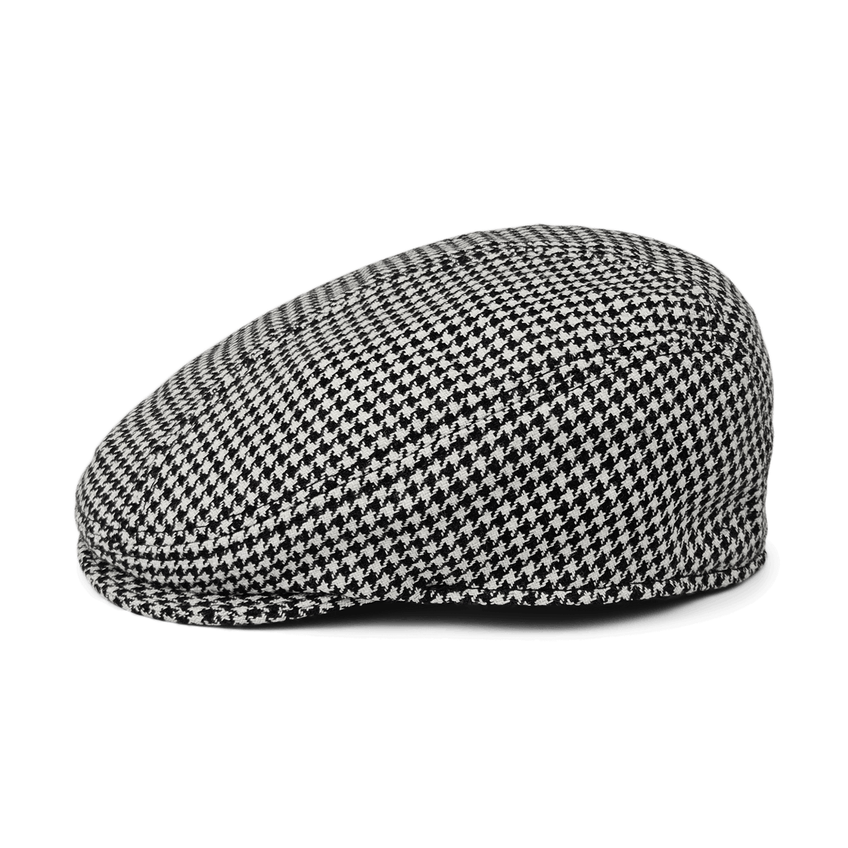 The Norwood flatcap by Goorin Bros., made from 100% wool in a black and white houndstooth pattern, is displayed in profile against a white background.