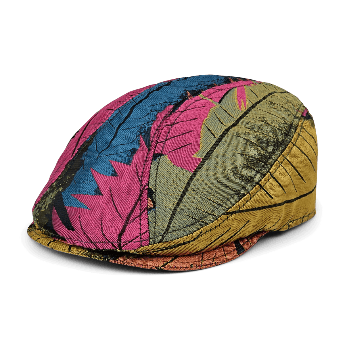 The Upland Avenue by Goorin Bros. is a hand-sewn flatcap made in the USA, featuring a vibrant tropical leaf pattern in pink, blue, yellow, and green on white.