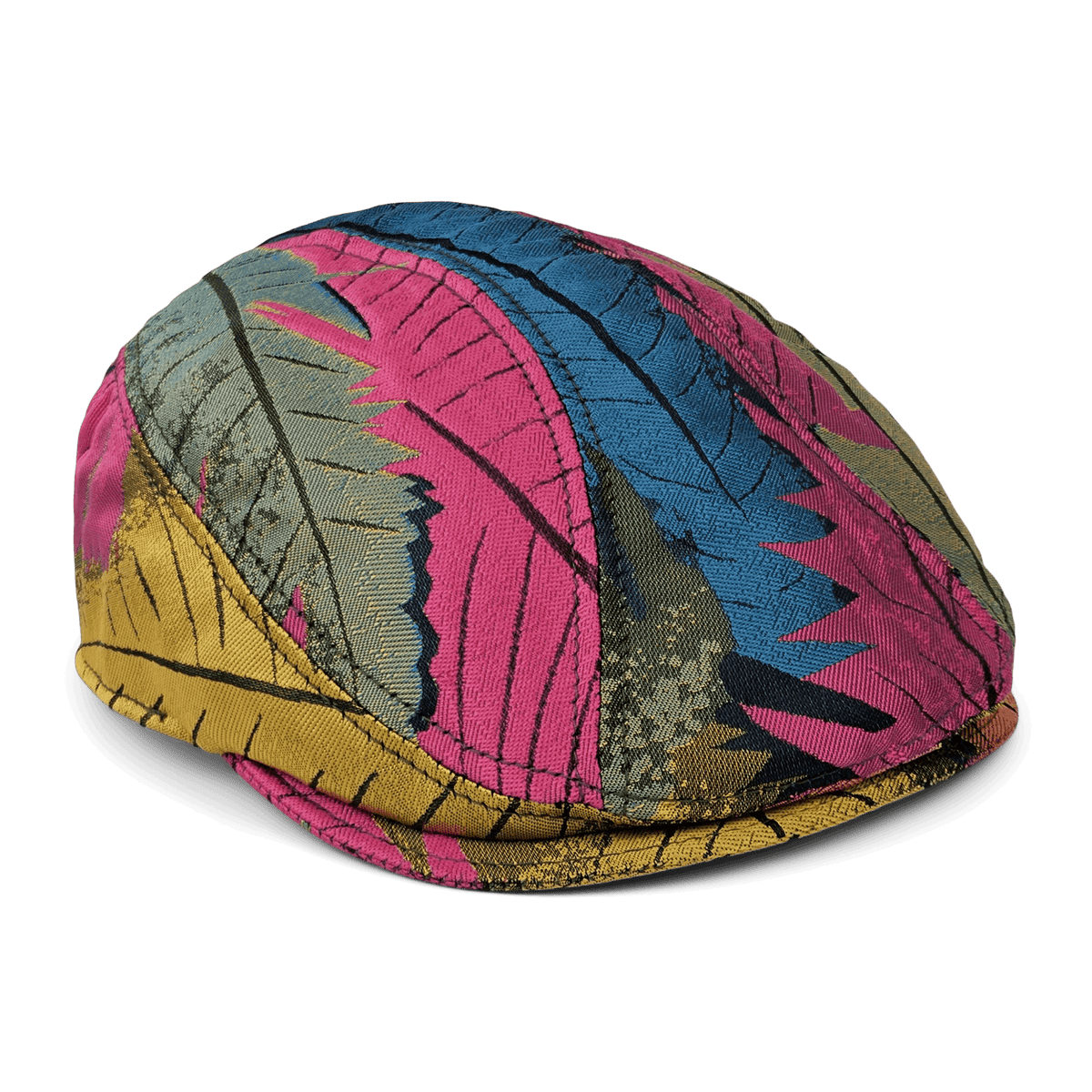 The Upland Avenue flatcap by Goorin Bros. is hand sewn in the USA and showcases a tropical print with multicolored pink, blue, yellow, and green feathers on a white background.