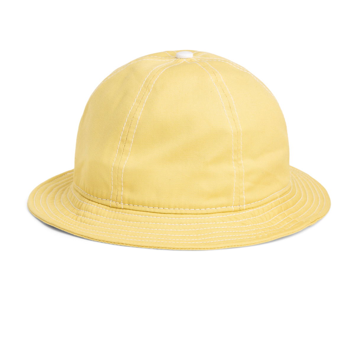 The O. Saka bucket hat by Goorin Bros. is crafted from yellow Japanese cotton and features white stitching, a small white button on top, and a moisture-wicking sweatband for enhanced comfort, shown against a plain white background.