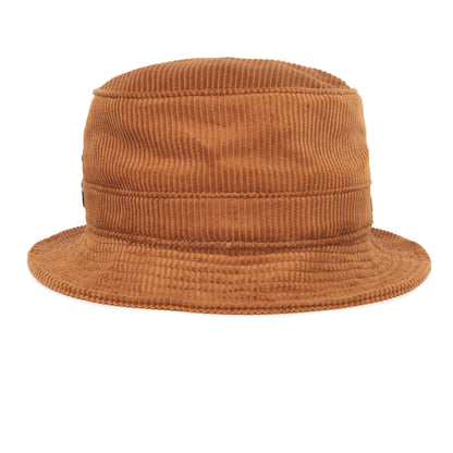 The “Great Oaks” bucket hat by Goorin Bros. features brown corduroy fabric with a wide brim and textured design, delivering timeless style that’s ideal for cool-weather wear, photographed against a white background.