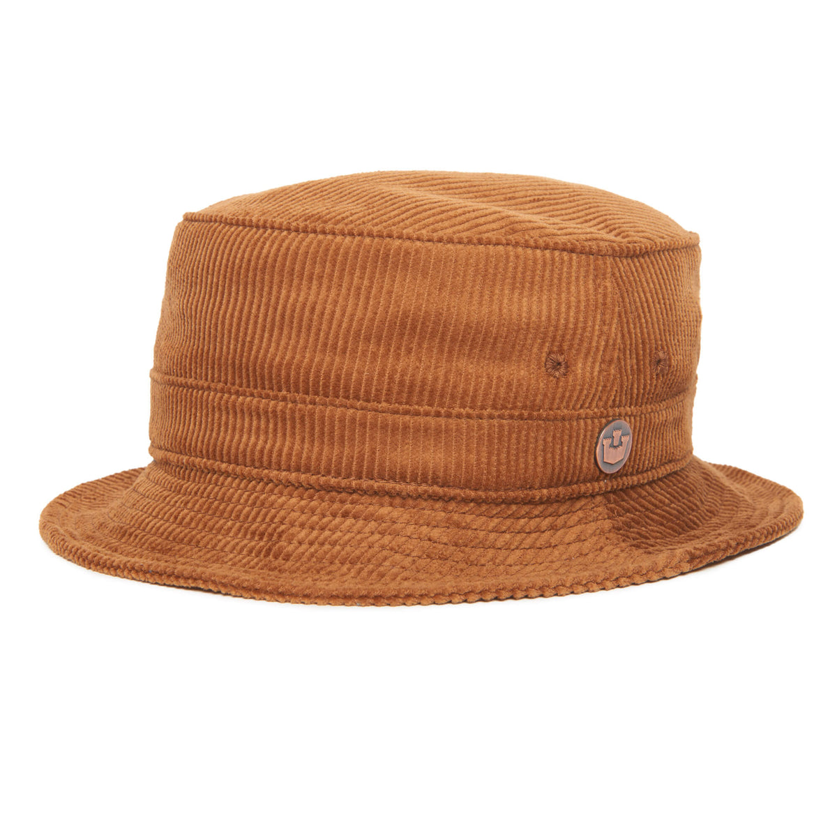 Goorin Bros. “Great Oaks” brown corduroy bucket hat features a small circular metal logo on the side and a stitched brim, offering a timeless look for cool-weather style. Shown on a plain white background.