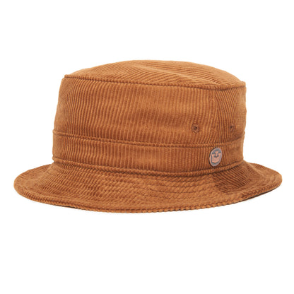 Goorin Bros. “Great Oaks” brown corduroy bucket hat features a small circular metal logo on the side and a stitched brim, offering a timeless look for cool-weather style. Shown on a plain white background.