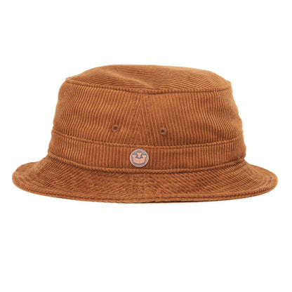 The Goorin Bros. Great Oaks brown corduroy bucket hat features a small circular logo patch on the front and is shown against a white background—a timeless accessory ideal for adding cool-weather style to any outfit.