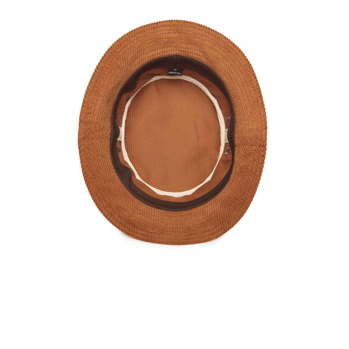 The Goorin Bros. Great Oaks brown corduroy bucket hat is shown from above on a white background, revealing its interior with a visible sweatband and detailed fabric stitching—a timeless look perfect for cool-weather style.
