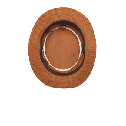 The Goorin Bros. Great Oaks brown corduroy bucket hat is shown from above on a white background, revealing its interior with a visible sweatband and detailed fabric stitching—a timeless look perfect for cool-weather style.