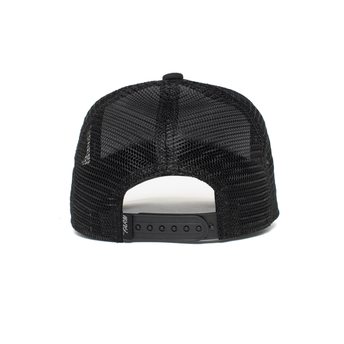 Back view of The Farm's Little Panther black mesh trucker hat for kids, featuring an adjustable snapback closure.