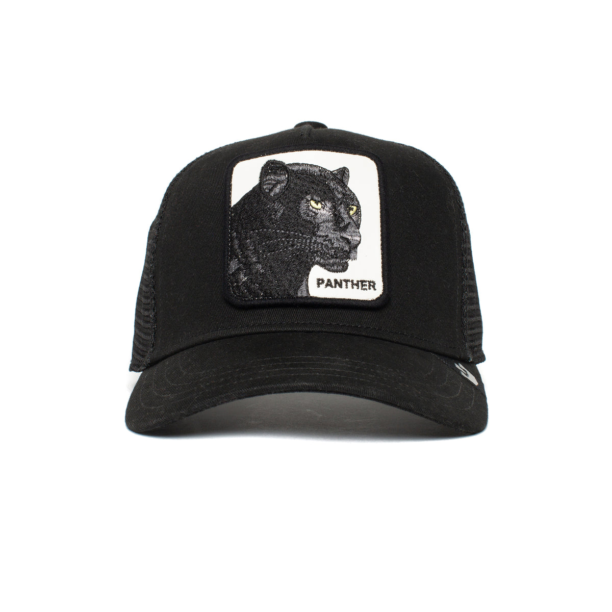 The Farm’s Little Panther kids hat is black mesh, featuring a front patch with an embroidered black panther and "PANTHER" in bold letters.