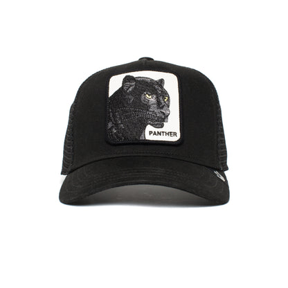 The Farm’s Little Panther kids hat is black mesh, featuring a front patch with an embroidered black panther and "PANTHER" in bold letters.