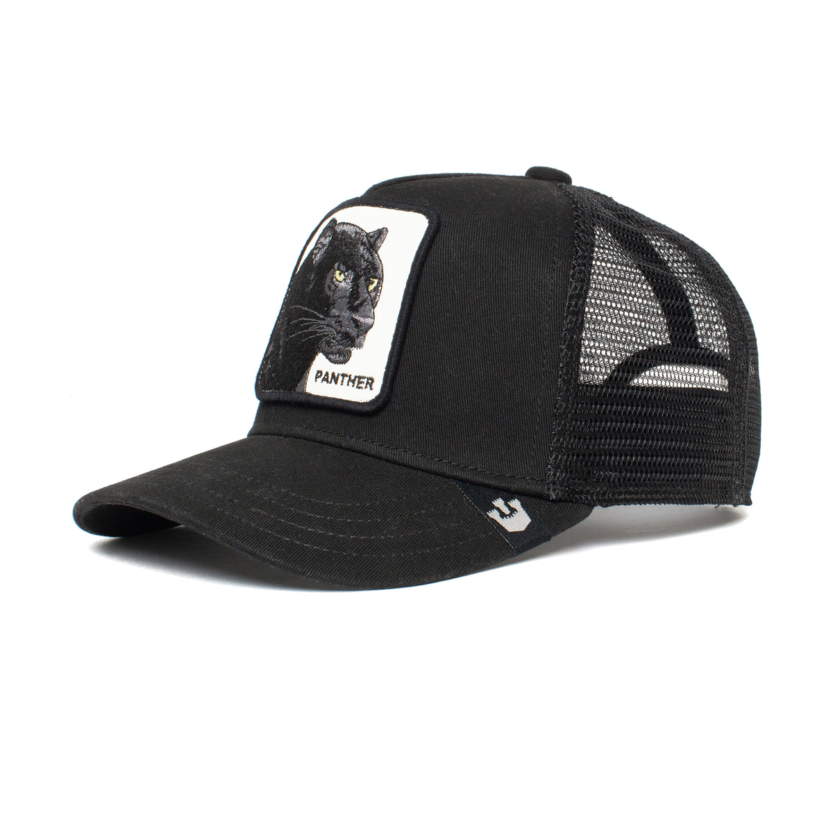 The Farm Little Panther is a black mesh trucker hat for kids with a front patch showing an embroidered black panther and the word “PANTHER.”.