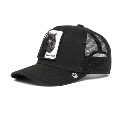 The Farm Little Panther is a black mesh trucker hat for kids with a front patch showing an embroidered black panther and the word “PANTHER.”.