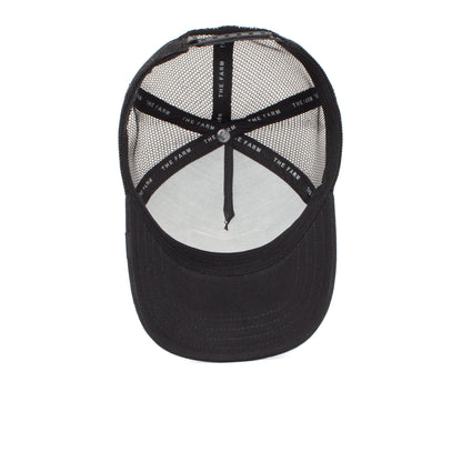 A black "Little Panther" trucker hat by The Farm, photographed from above to show the inner mesh lining and “THE FARM” text on the sweatband—a stylish kids’ hat for any occasion.