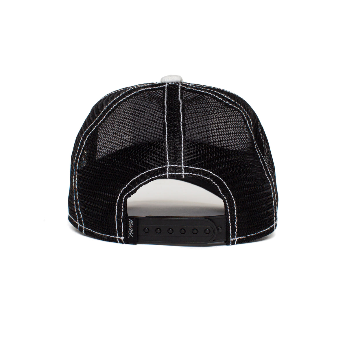 The Goorin Bros. Little Stripe is a black mesh trucker hat for kids, shown from the back with white stitching, an adjustable snapback closure, and a playful animal patch.