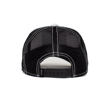 The Goorin Bros. Little Stripe is a black mesh trucker hat for kids, shown from the back with white stitching, an adjustable snapback closure, and a playful animal patch.