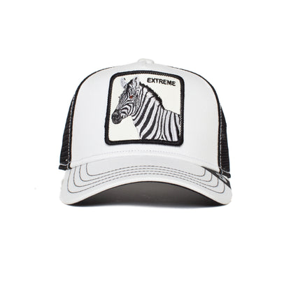 Front view of the Little Stripe hat by Goorin Bros., a white trucker style featuring a zebra animal patch with "EXTREME" embroidered above.