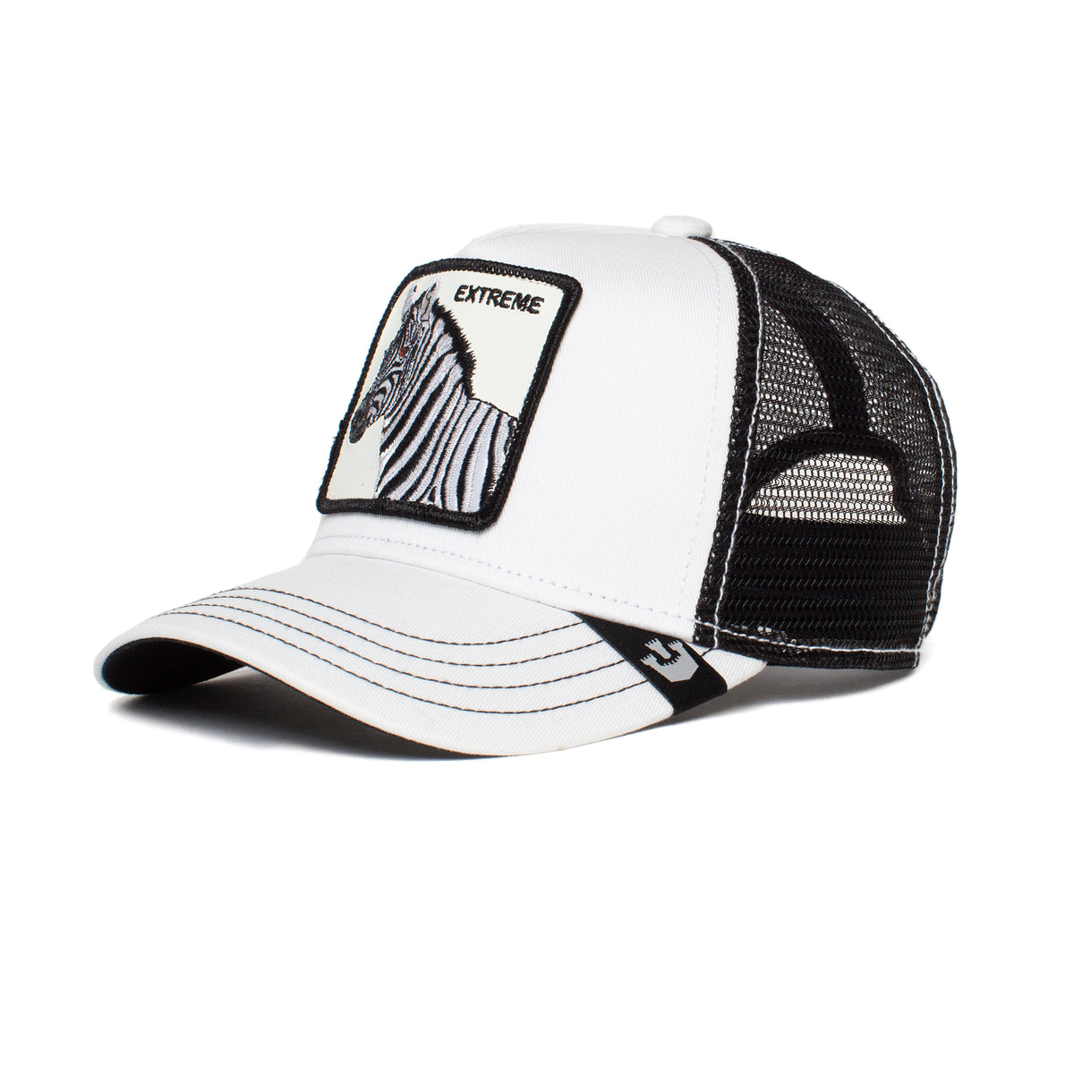 The "Little Stripe" by Goorin Bros. is a white and black mesh zebra hat with a bold animal patch labeled EXTREME on the front panel and black stitching details on the brim.