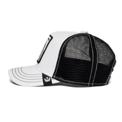 The Goorin Bros. Little Stripe hat features a black and white zebra print, mesh back, and stitched animal patch on the front panel, shown in a side profile view.