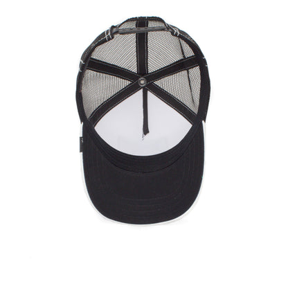 A black mesh trucker hat, Little Stripe by Goorin Bros., shown from above to display the inside and brim on a white background—perfect as a zebra-themed animal patch hat for kids.