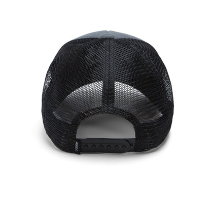 Back view of the “Fuzzy Trunk” kid-sized trucker hat by The Farm, featuring black mesh panels and an adjustable snapback closure, photographed against a white background.