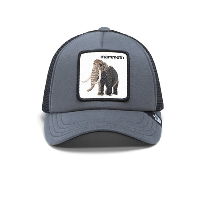 The Farm’s “Fuzzy Trunk” is a kid-sized gray and black trucker hat featuring a patch with an illustrated mammoth and the word “mammoth” above it. This adjustable hat is perfect for young adventurers.