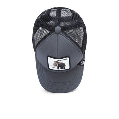 Gray and black mesh baseball cap from The Farm, called the Fuzzy Trunk, featuring a patch of a woolly mammoth and the word “mammoth” on the front panel. This adjustable hat is shown from above against a white background.