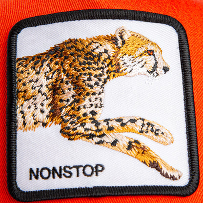 Add bold style to any kids cap or orange crown with The Nonstop Cheetah Mini Noir by Goorin Bros.—an embroidered patch featuring a running cheetah and the word NONSTOP on an orange fabric background.