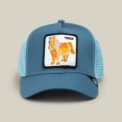 The Goorin Bros. "Dad and Pony Show (Kids)" hat features an air blue mesh trucker design with a front patch showing an embroidered pony and 'TRICK' text on a beige background.