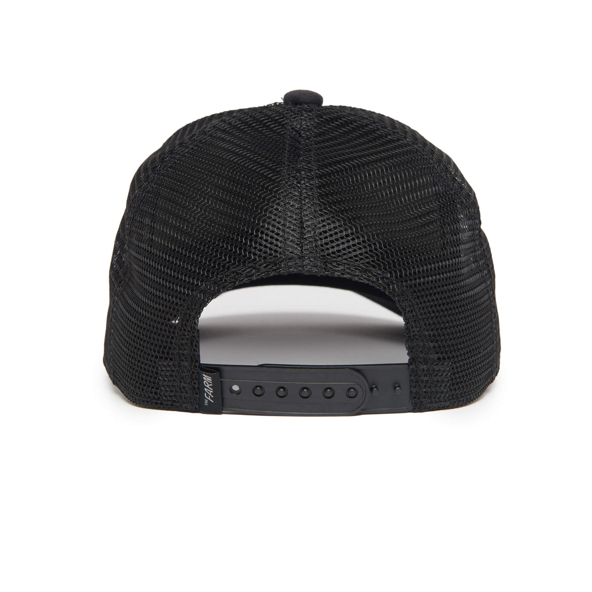 Back view of The Farm’s Tuxie black mesh trucker hat with an adjustable snapback closure, displayed on a white background. This children’s-sized hat is perfect for young trendsetters seeking comfort and style.