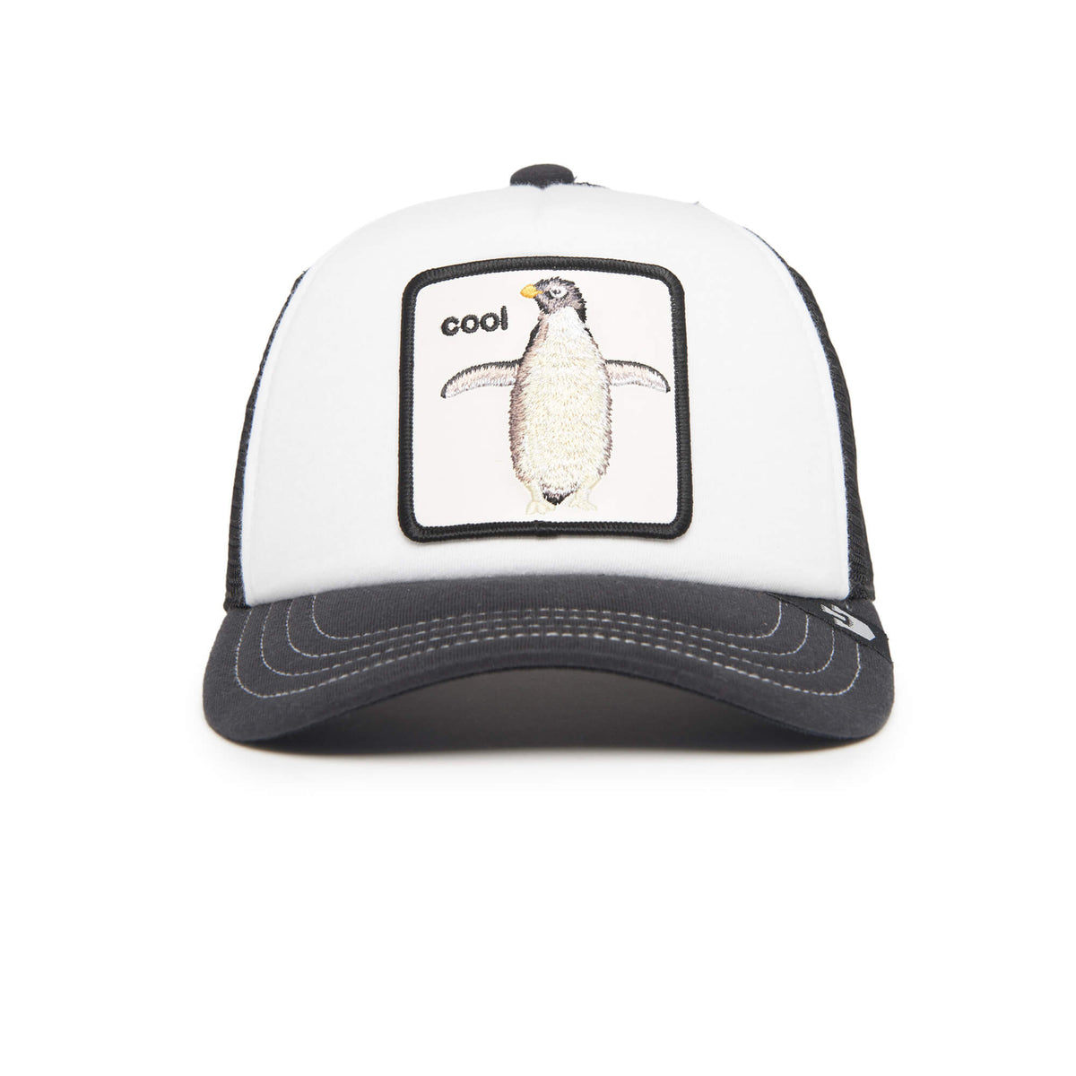 Introducing “Tuxie” by The Farm—a kid-sized, adjustable trucker hat in white and black. This playful hat features a patch with an adorable penguin and the word “cool” embroidered above it, making it the perfect accessory for little ones who love fun designs.