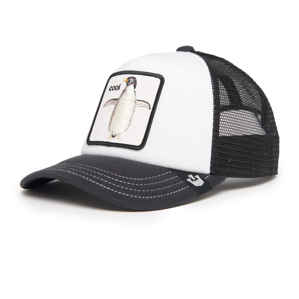 The Farm’s Tuxie is a kids’ black and white mesh trucker hat with a curved brim, featuring a front panel penguin patch labeled “cool.” This adjustable children’s-sized hat is perfect for everyday adventures.