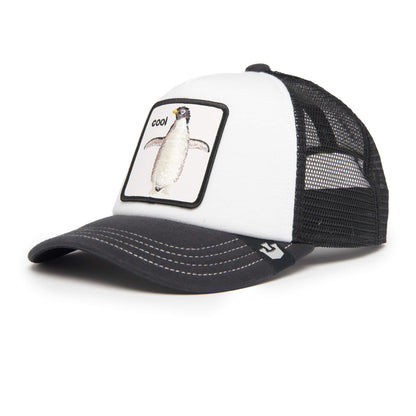 The Farm’s Tuxie is a kids’ black and white mesh trucker hat with a curved brim, featuring a front panel penguin patch labeled “cool.” This adjustable children’s-sized hat is perfect for everyday adventures.