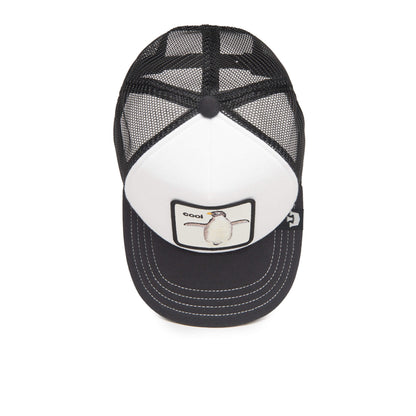 The Farm “Tuxie” is a children’s-sized black and white mesh trucker hat featuring a penguin patch with the word “cool” on the front. This adjustable hat, shown from above, is perfect for kid-sized truckers.