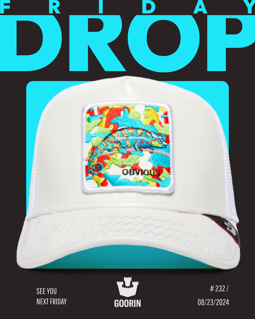 A white Goorin trucker hat featuring bold hat designs with a colorful embroidered chameleon patch and the word OBVIOUS on the front; text reads FRIDAY DROP and See you next Friday.