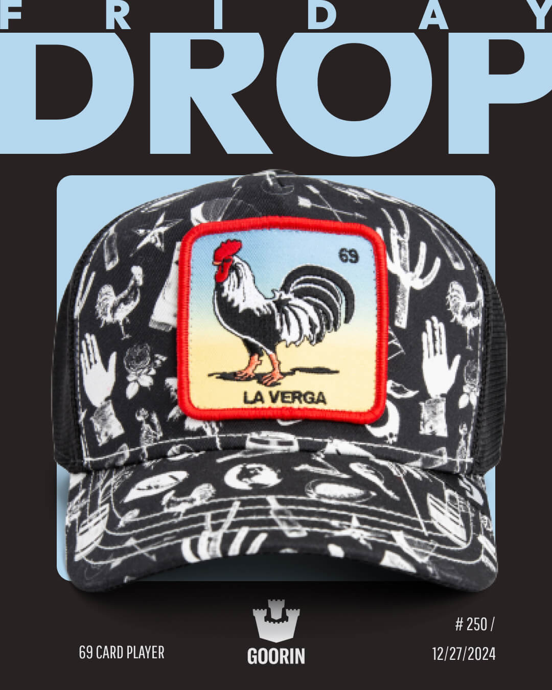 A black and white Goorin trucker hat with rooster graphics and a front patch reading LA VERGA, featuring bold hat designs, shown against a Friday Drop promotional background.