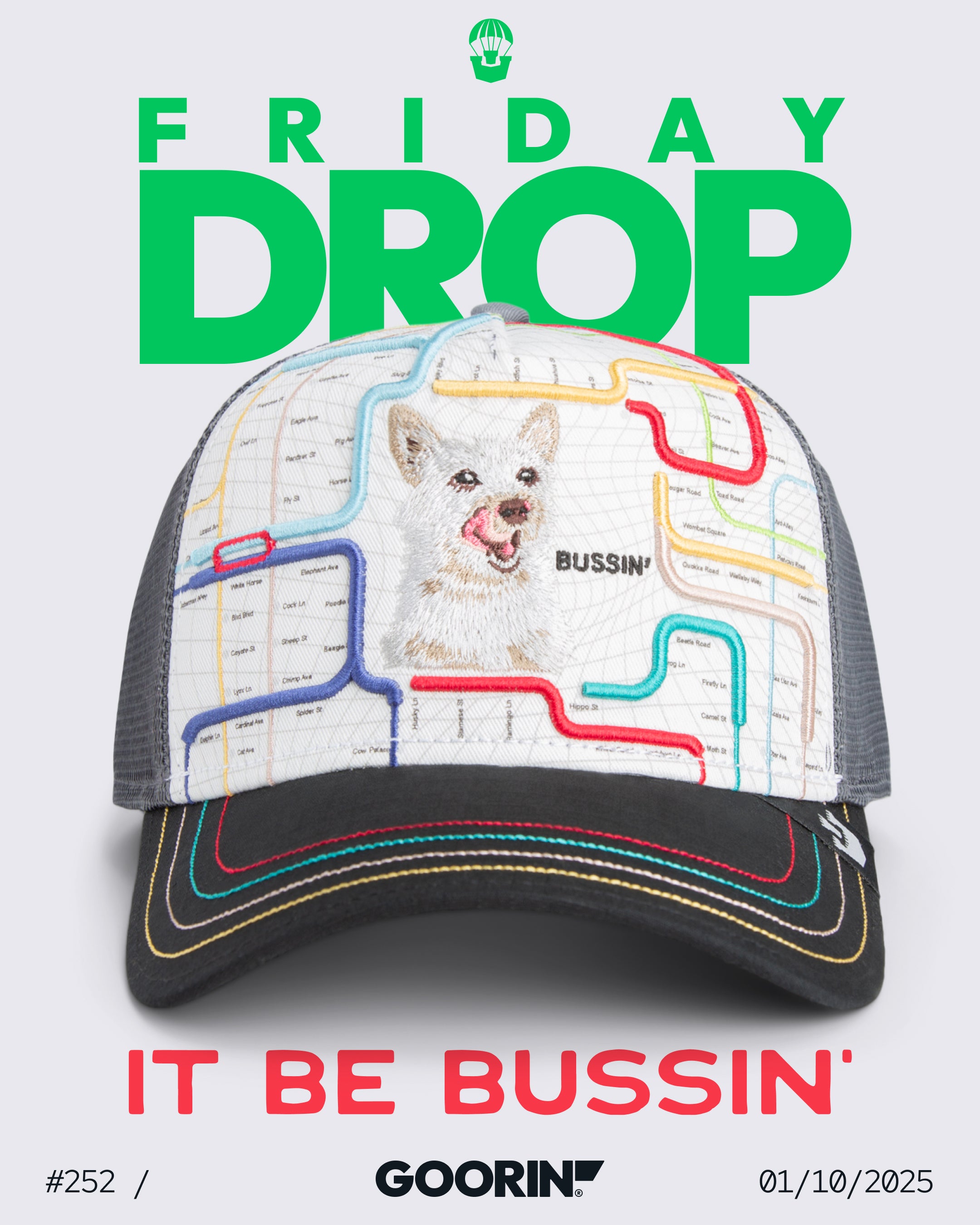 A trucker hat from Goorin featuring a white dog graphic, bold hat designs with colorful map-like lines, and the word Bussin. Background text reads Friday Drop with the date 01/10/2025.