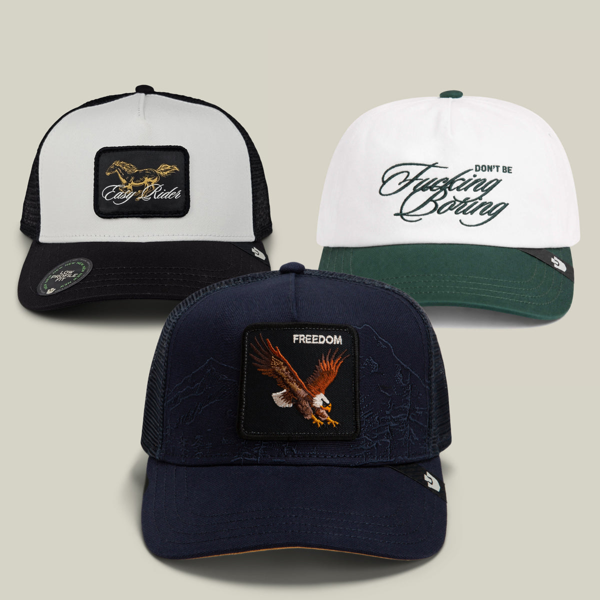 Certainly! Here is the rewritten sentence using your provided product data: The Goorin Bros. 2 Low 2 Pro Bundle includes three unique hats: a white and green baseball cap with cursive text, a black and white hat featuring a motorcycle patch, and a navy cap showcasing an eagle and the word “FREEDOM” on the front.